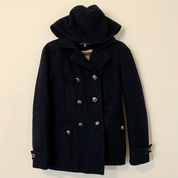 CALVIN KLEIN BLACK Wool Blend PEA COAT Hooded JACKET Quilted Lining SZ 2 - Picture 1 of 9